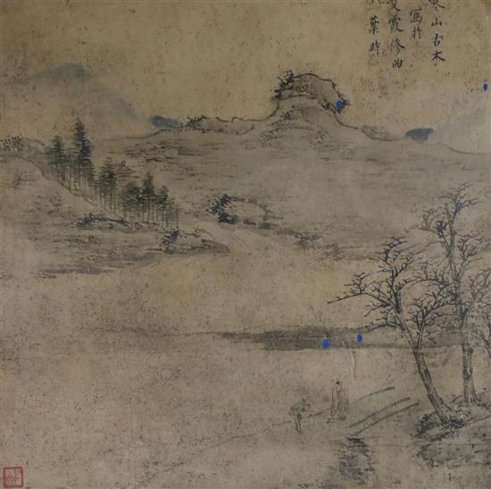 Three Chinese ink paintings after Song and Yuan old masters, largest image excluding brocade border 26.5cm x 32cm